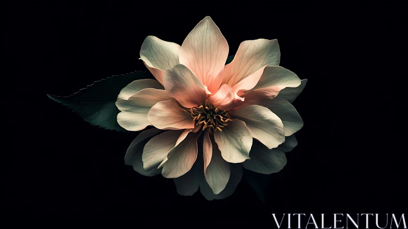 Peach Dahlia Against Black. Layered Petals, Studio Light.