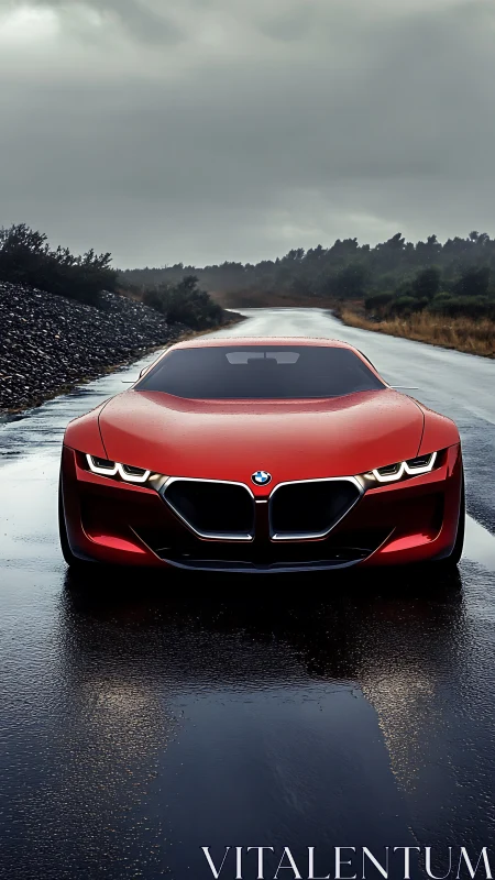 Crimson stormrunner coupe stalking a rain-soaked highway.