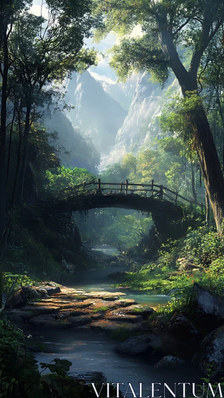 Sunlit forest bridge arches above a tranquil mountain stream.