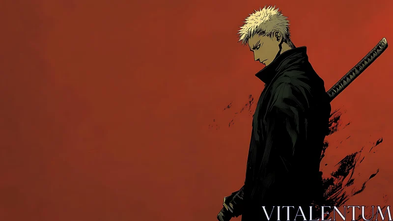 Brooding swordsman stands against stark crimson void.