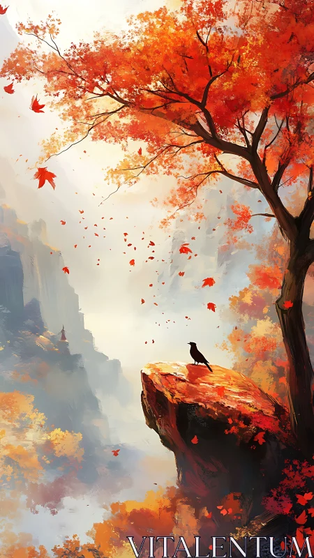 Autumnal cliff panorama with crow and atmospheric depth field.