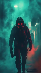 Gas-masked operative advances through bicolor fog with cinematic backlighting