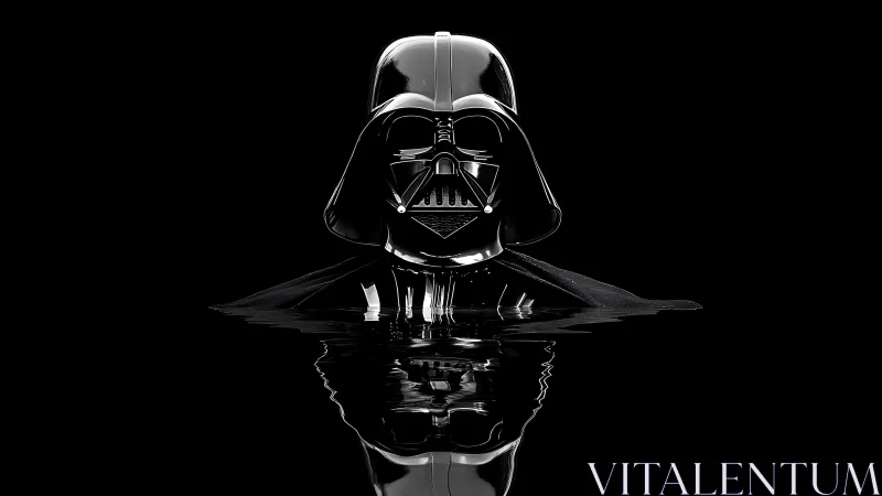 Moody sci fi helmet floats above dark reflective water surface