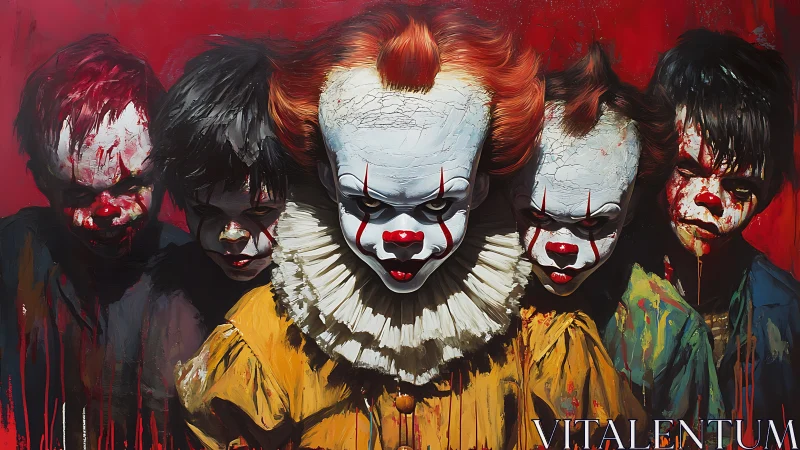 Eerie clown leader and haunted children in bold red haze.