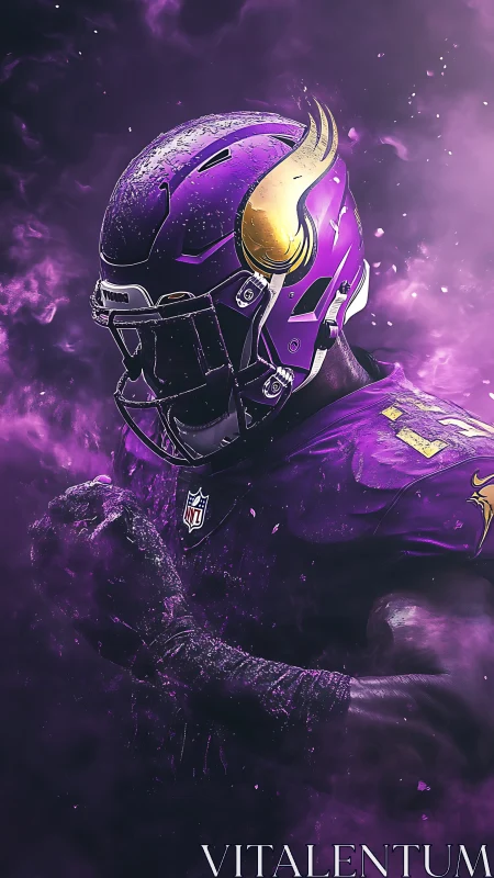 Purple football warrior emerges from swirling smoke storm.