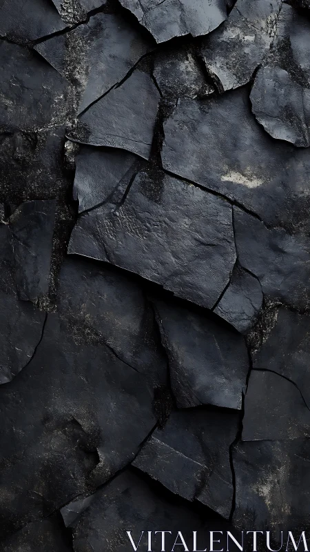 Dark fragmented stone surface with layered cracked texture.