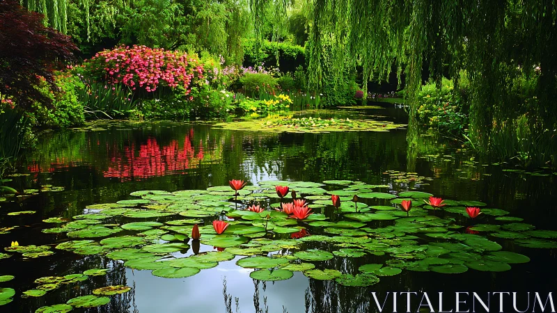 Willow-draped lily pond where quiet water hums with color.