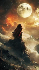 Lone cloaked warrior holds sword beneath burning full moon