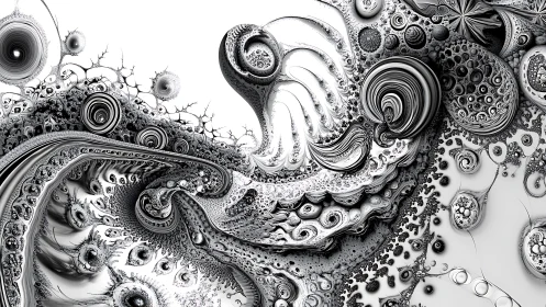 Monochrome fractal seascape swirls in intricate organic motion