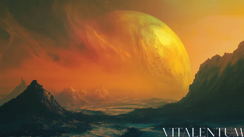 Giant golden planet looms above a misty alien horizon.