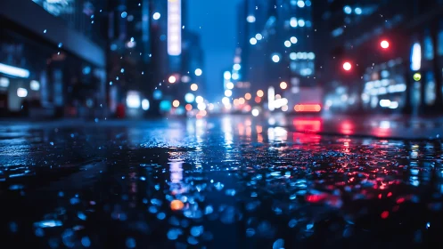 Nocturnal city streetscape with shallow depth and neon bokeh.