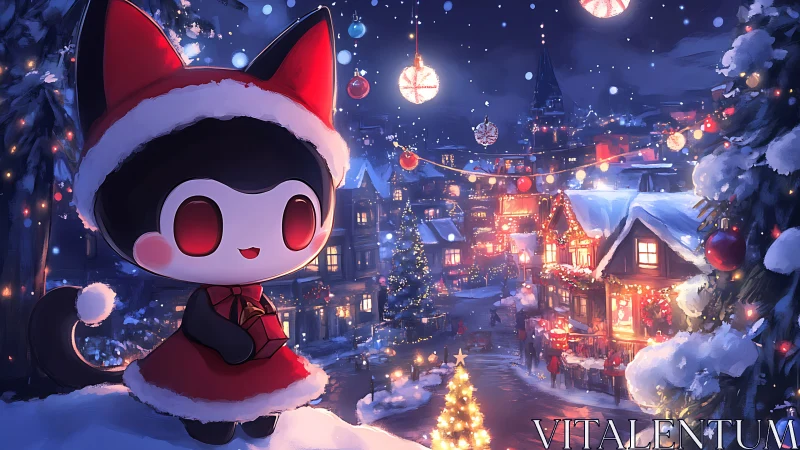 Cartoon cat in red coat overlooking winter town square.