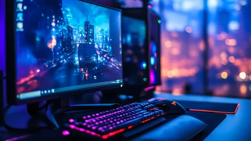 Neon city gamer battlestation glowing in cyber twilight.