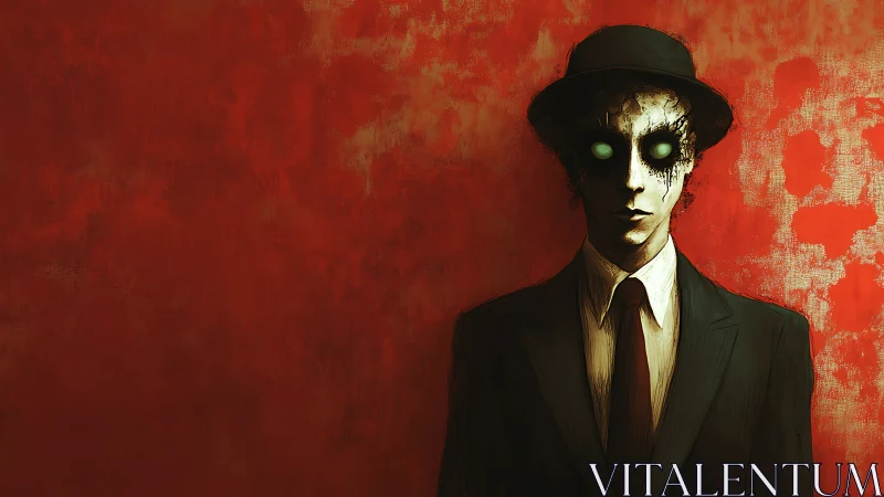 Spectral suited figure with luminescent eyes against scarlet wall.