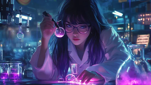 Curious young scientist exploring glowing purple potions.