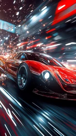 Velocity-swept red hypercar slicing through neon night streets.