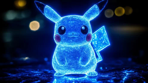 Neon blue holographic electric mascot on dark street scene.