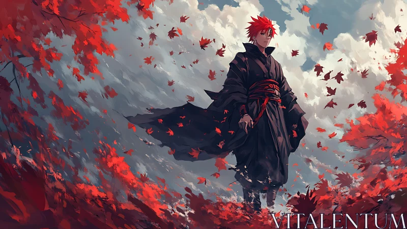 Red haired figure in black robe amid swirling red leaves.