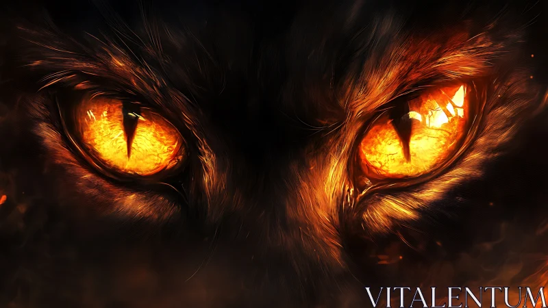 Fiery feline eyes with molten orange glow in darkness.