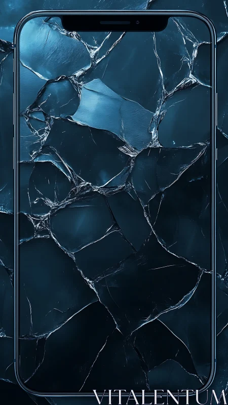 Shattered glass smartphone screen in icy blue abstraction.