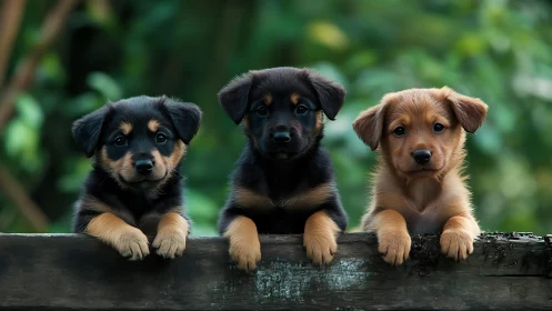 Three curious puppies sharing one irresistibly sweet moment.