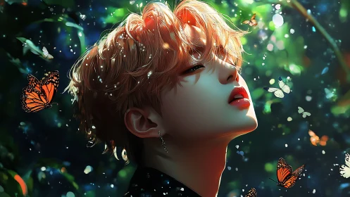 Velvet dusk portrait with butterflies and neon forest hush.