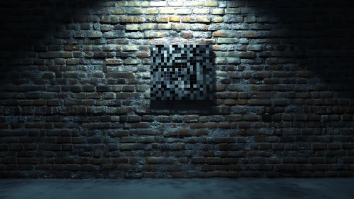 Pixelated facial relief panel on spotlighted brick substrate.
