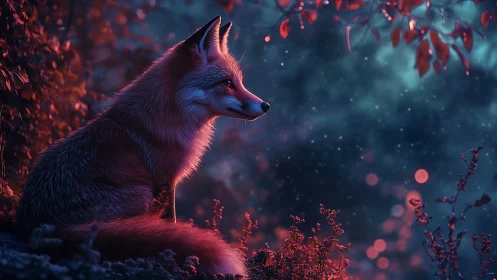 Luminous vulpine profile in bokeh rich bioluminescent dusk field.