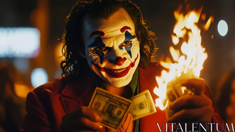 Clown makeup figure burning dollar bills in night setting.