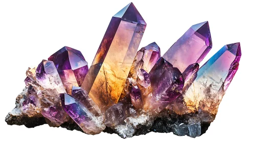 Bicolor amethyst quartz cluster displays luminous terminated points