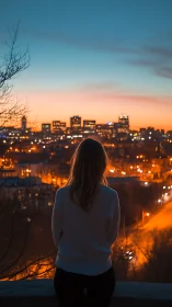 Woman overlooks glowing city skyline at vivid sunset.