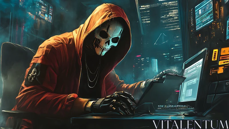 Neon skull hacker prowls midnight networks in silence.