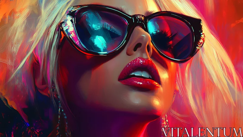 Neon portrait of woman in reflective sunglasses and gloss.