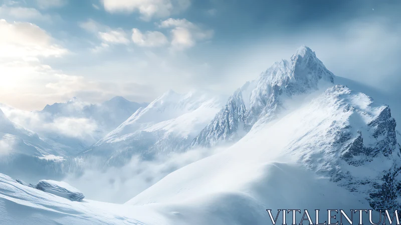 Sunlit alpine ridge emerging through winter morning mist.