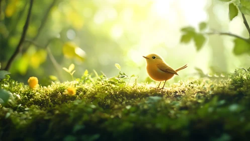 Tiny golden songbird stands on sunlit forest moss bed