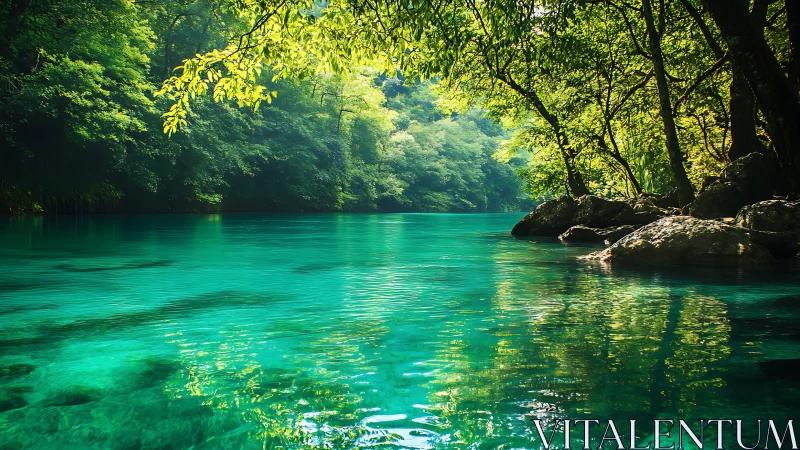 Emerald jungle river glows under filtered morning light.