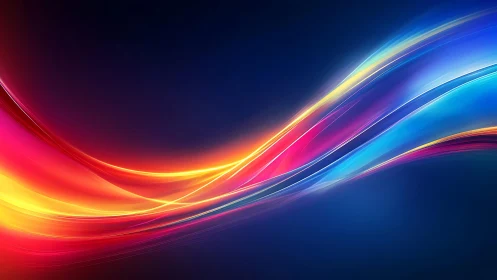 Vibrant flowing neon light waves on dark abstract background.