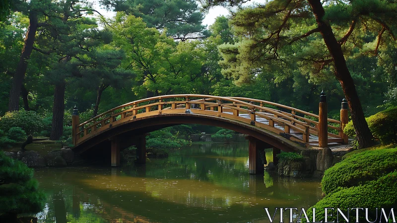 Sunlit wooden bridge resting above a calm garden pond.