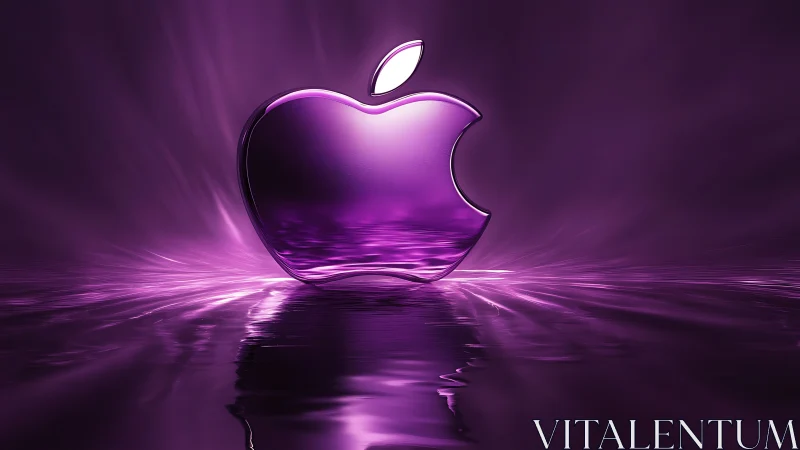 Translucent purple apple emblem over luminous water surface.