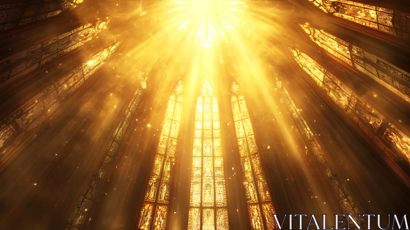 Golden rays spilling through soaring stained glass windows.
