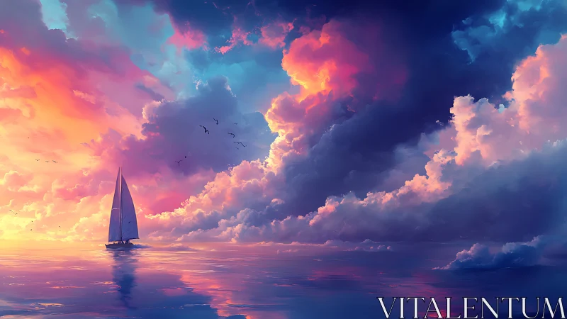 Solitary sailboat beneath luminous neon sunset clouds.
