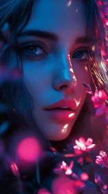 Neon-lit female portrait contrasts cyan skin with magenta bokeh