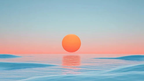 Minimalist pastel seascape with central sun and soft volumetric light