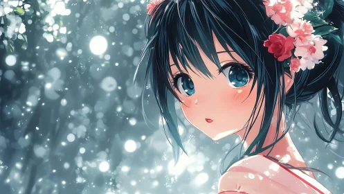 Blue eyed anime girl in floral hairpiece, bokeh forest light