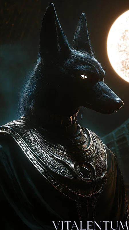 Ancient jackal-headed guardian stands beneath a blazing moon.