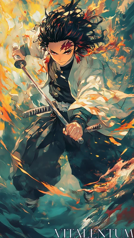 Fiery swordsman charges through swirling elemental flames.