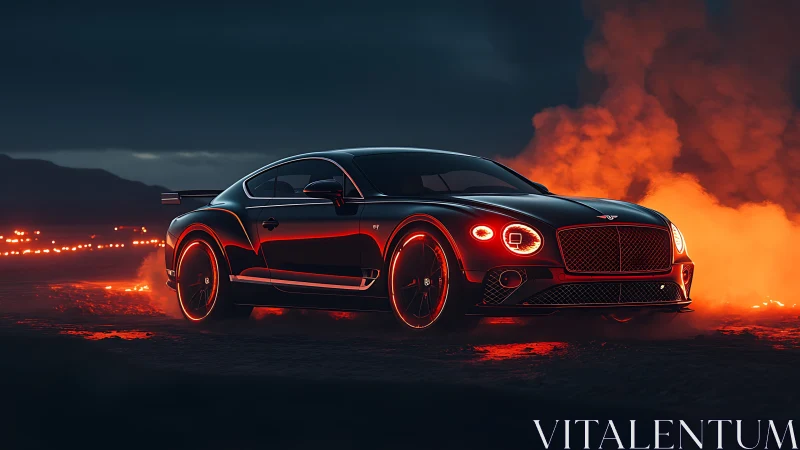 Luxury sports coupe blazes through fiery night landscape.