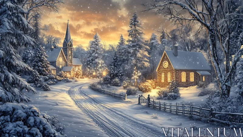 Snow covered village road with church and houses at dusk.