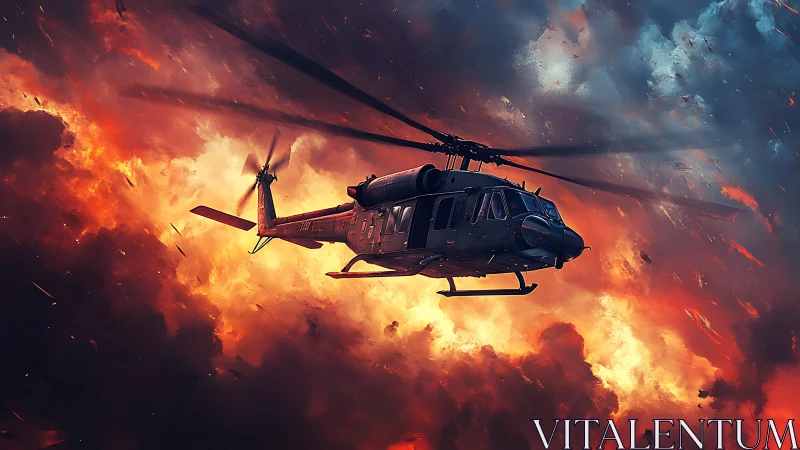 Combat helicopter cuts through incendiary storm clouds.