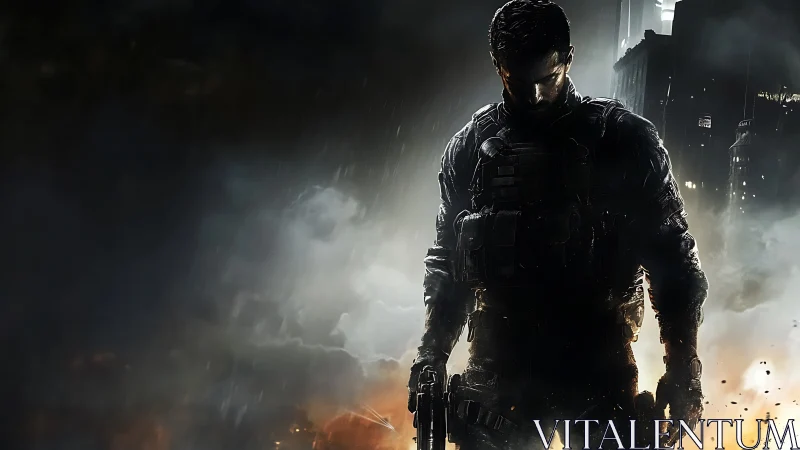 Armored lone soldier in smoky urban battlefield backlight.